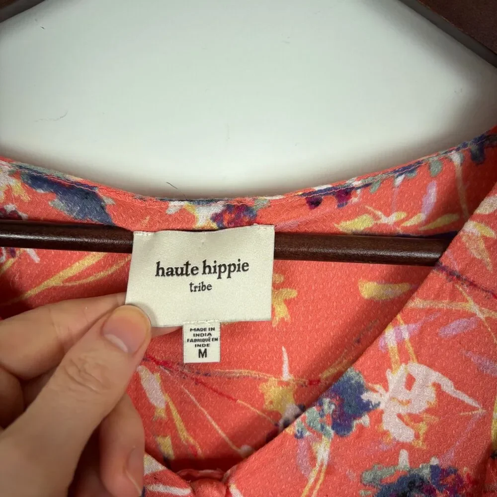 Haute Hippie Tribe Karen Flutter Sleeve Orange Button Front Top Women's Medium - Picture 5 of 6